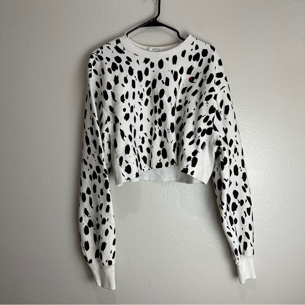 Champion Womens Cropped Sweatshirt Crew Logo Cow Print Reverse Weave Size Large